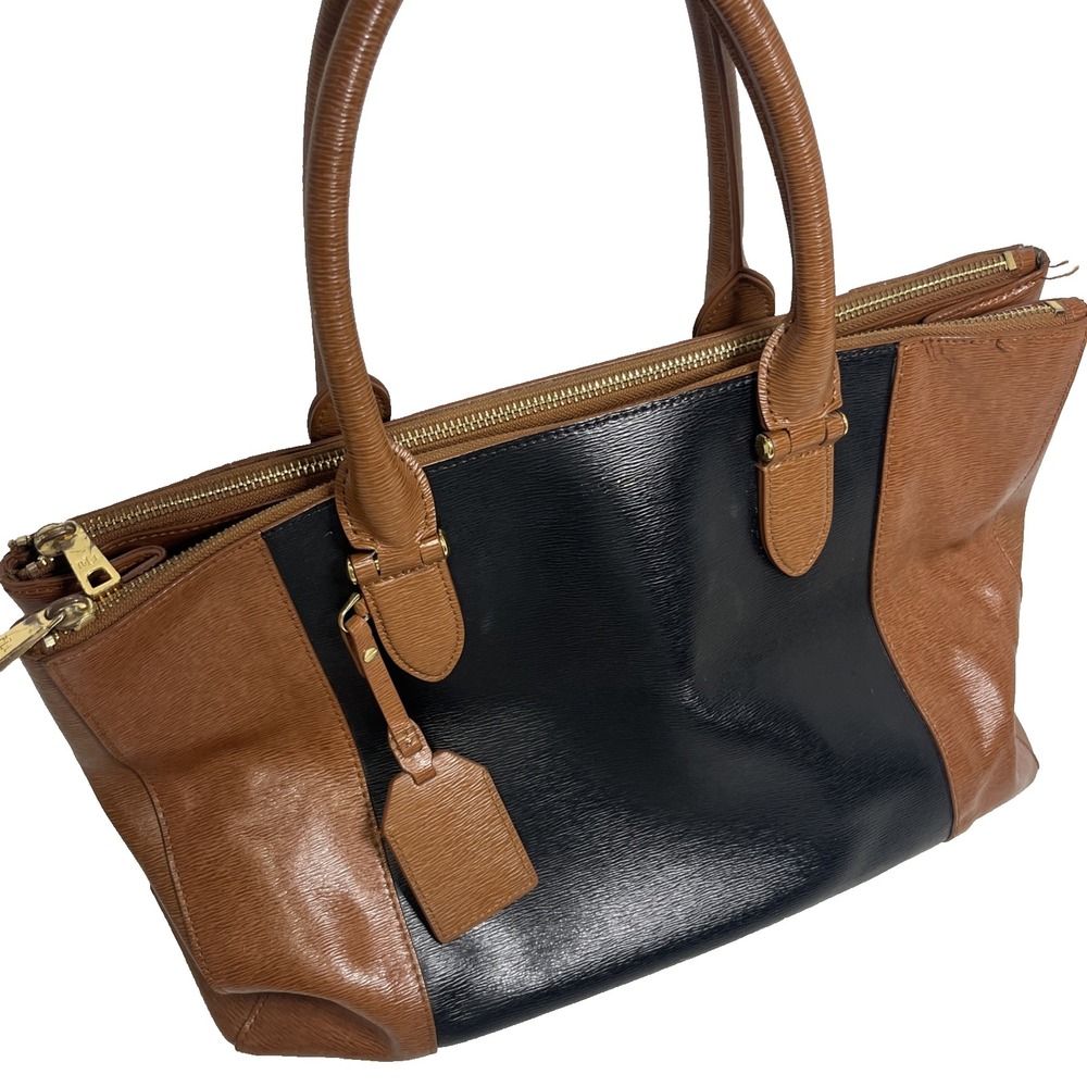 Lauren Ralph Lauren Leather Newbury Two Tone Tote Purse Brown Black Handle Bag